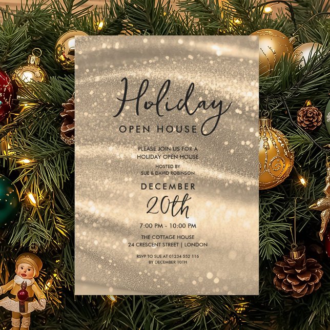 Elegant Holiday Open House Gold Sparkle Glam Einladung (Elegant Holiday Open House Gold Sparkle Glam Invitation)