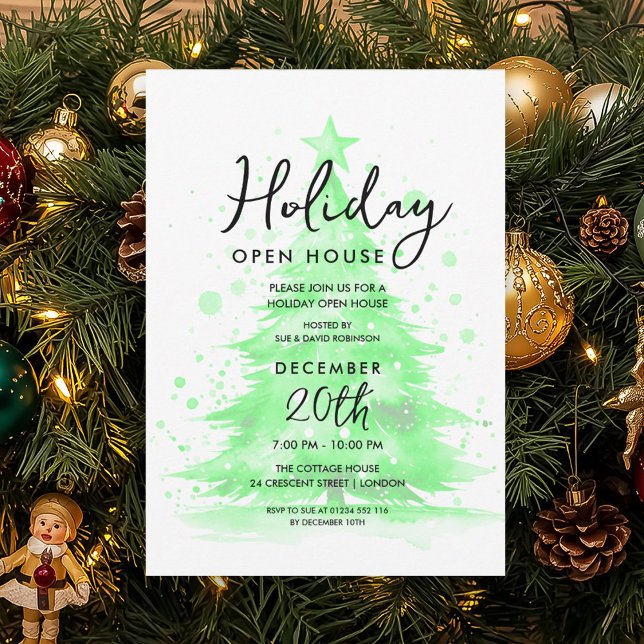 Elegant Holiday Open House Green Hand Painted Tree Einladung (Elegant Holiday Open House Green Hand Painted Tree Invitation)