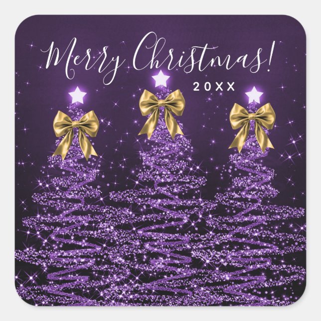 Elegant Holiday Purple Christmas Trees Bows Gold  Quadratischer Aufkleber (Vorderseite)