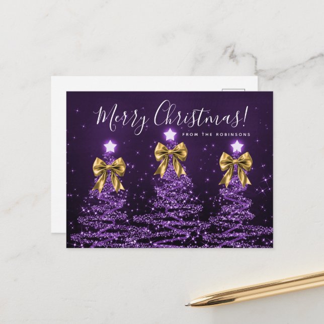 Elegant Holiday Purple Christmas Trees Gold Bows Postkarte (Vorderseite/Rückseite Beispiel)