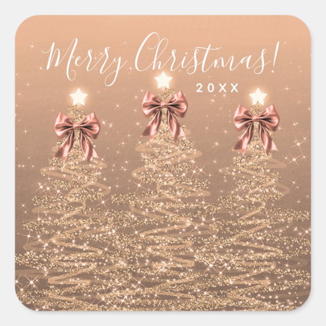 Elegant Holiday Rose Gold Christmas Trees Bows Quadratischer Aufkleber (Vorderseite)