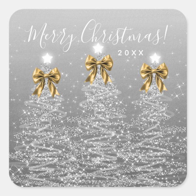Elegant Holiday Silver Christmas Trees Gold Bows Quadratischer Aufkleber (Vorderseite)