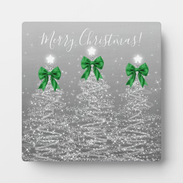Elegant Holiday Silver Christmas Trees Green Bows Fotoplatte (Vorderseite)