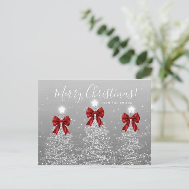 Elegant Holiday Silver Christmas Trees Red Bows Postkarte (Stehend Vorderseite)
