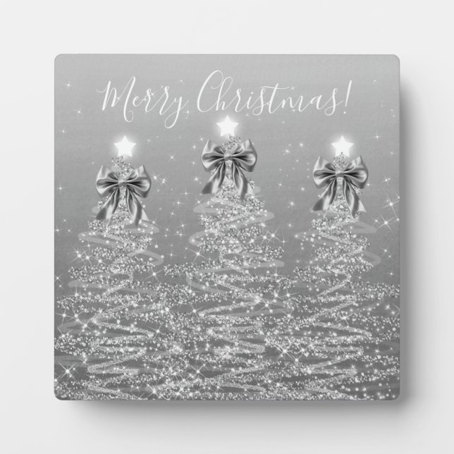 Elegant Holiday Silver Christmas Trees w/ Bows Fotoplatte (Vorderseite)