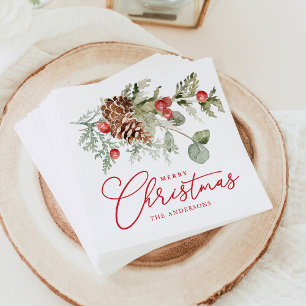 Elegant Holly Berries and Pine Cones Weihnachten Serviette