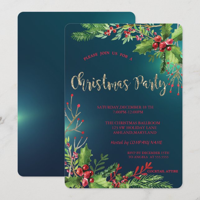 Elegant Holly Berries Company Weihnachts-Party Einladung (Vorne/Hinten)