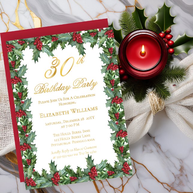 Elegant Holly | Berries Frame 30. Geburtstag Party Folieneinladung (Elegant Holly and Berries Frame 30th Birthday Party Real Gold Foil Invitations)