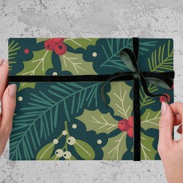 Elegant Holly Berries Greenery Christmas Gift Geschenkpapier