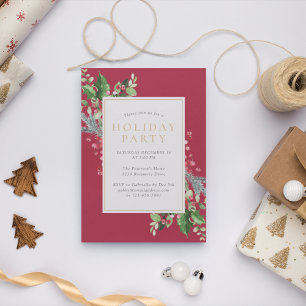 Elegant Holly Berries Greenery Red Holiday Party Einladung