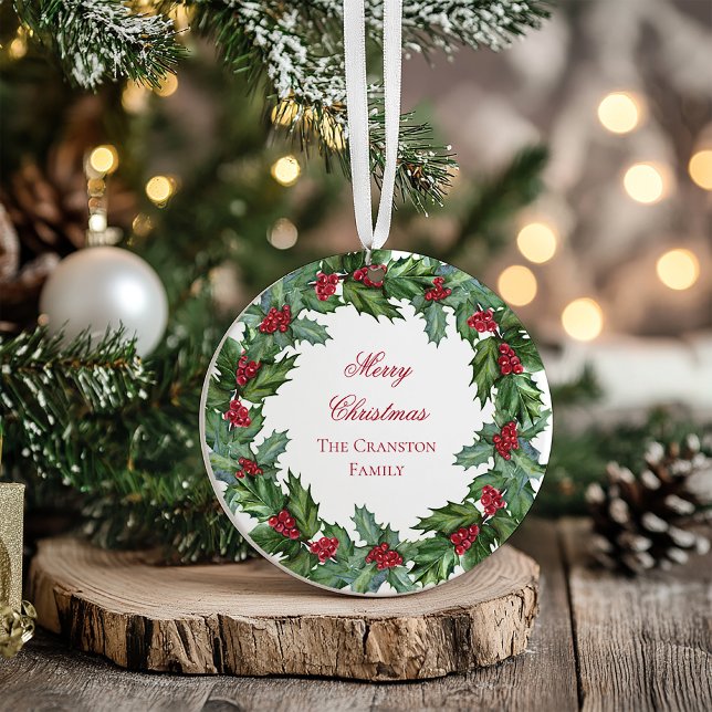 Elegant Holly Berries Wreath Frohe Weihnachts-Foto Ornament (Elegant Holly and Berries Wreath Merry Christmas Photo Ornament)