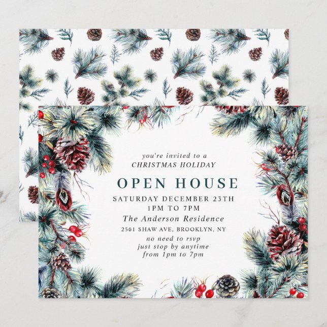 Elegant Holly Berry CHRISTMAS HOLIDAY OPEN HOUSE Einladung (Vorne/Hinten)
