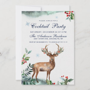 Elegant Holly Berry Deer Christmas Cocktail Party Einladung