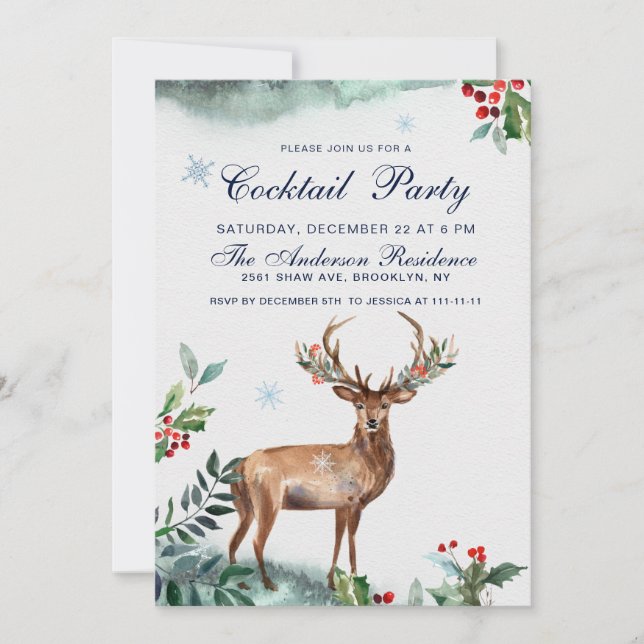 Elegant Holly Berry Deer Christmas Cocktail Party Einladung (Vorderseite)