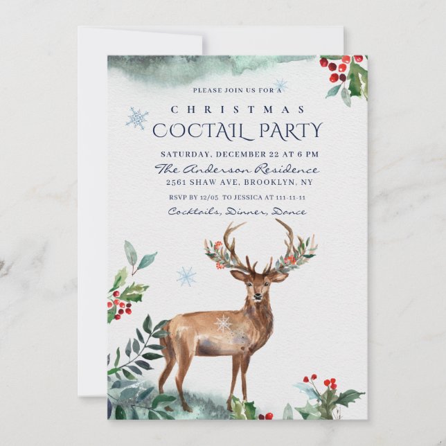 Elegant Holly Berry Deer Christmas COCTAIL PARTY Einladung (Vorderseite)