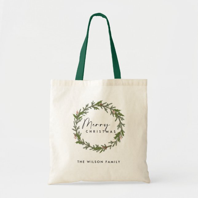 ELEGANT HOLLY BERRY GREEN WREATH MERRY CHRISTMAS TRAGETASCHE (Vorne)