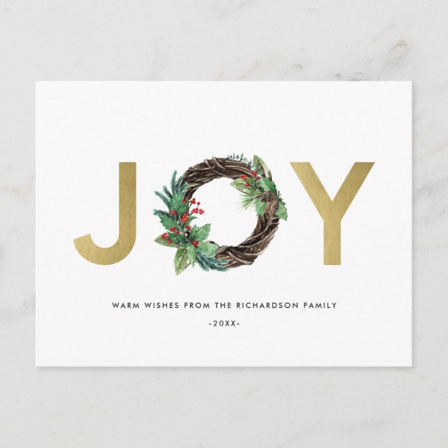 ELEGANT HOLLY BERRY RED GOLD JOY WREATH CHRISTMAS POSTKARTE (Vorderseite)