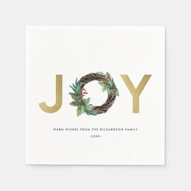 ELEGANT HOLLY BERRY RED GOLD JOY WREATH CHRISTMAS SERVIETTE (Vorderseite)