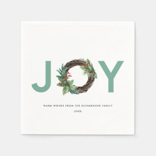 ELEGANT HOLLY BERRY RED GREEN JOY WREATH CHRISTMAS SERVIETTE