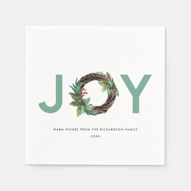 ELEGANT HOLLY BERRY RED GREEN JOY WREATH CHRISTMAS SERVIETTE (Vorderseite)