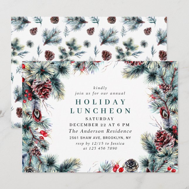 Elegant Holly Berry Weihnachtsfeiertag LUNCHEON Einladung (Vorne/Hinten)