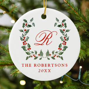 Elegant Holly Berry Wreath Monogram Foto Keramik Ornament