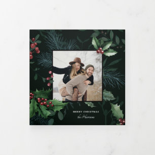 Elegant Holly Christmas Dark Green Botanical Foto Dreifach Gefaltete Urlaubskarte