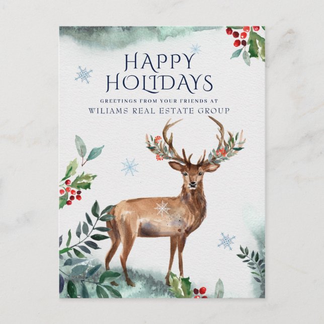 Elegant Holly Deer Christmas Corporate Gruß Postkarte (Vorderseite)