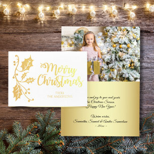 Elegant Holly Frohe Weihnachts Gruß FOTO Gold Folienkarte