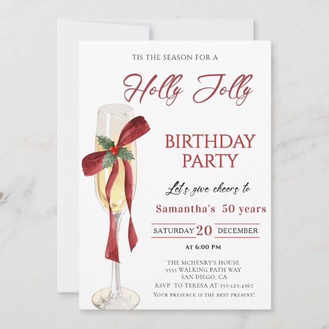 Elegant Holly Jolly christmas birthday Party Einladung (Vorderseite)