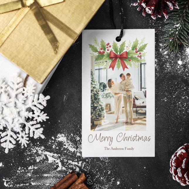 Elegant Holly & Red Bow Christmas - Geschenkanhänger (Von Creator hochgeladen)