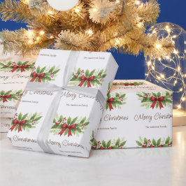 Elegant Holly & Red Bow Christmas - Geschenkpapier