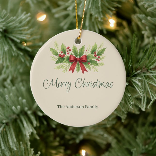 Elegant Holly & Red Bow Christmas - Keramik Ornament (Baum)