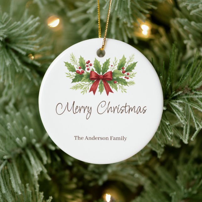 Elegant Holly & Red Bow Christmas - Keramik Ornament (Baum)
