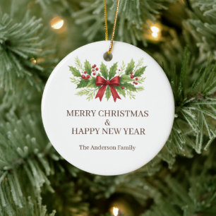 Elegant Holly & Red Bow Christmas - Keramik Ornament