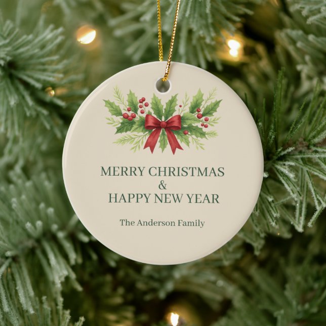 Elegant Holly & Red Bow Christmas - Keramik Ornament (Baum)