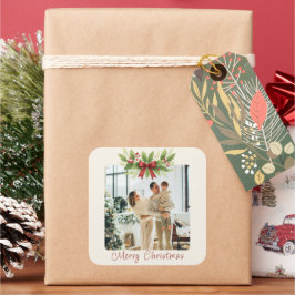 Elegant Holly & Red Bow Christmas - Quadratischer Aufkleber