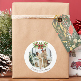 Elegant Holly & Red Bow Christmas - Runder Aufkleber