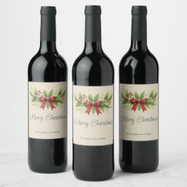 Elegant Holly & Red Bow Christmas - Weinetikett
