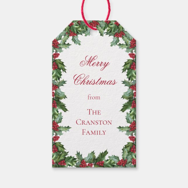 Elegant Holly und Berries Wreath Frohe Weihnachten Geschenkanhänger (Vorderseite)
