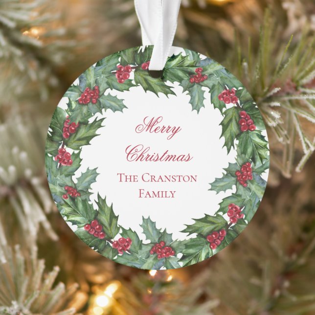 Elegant Holly und Berries Wreath Frohe Weihnachten Ornament (Baum)