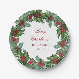 Elegant Holly und Berries Wreath Frohe Weihnachten Pappteller