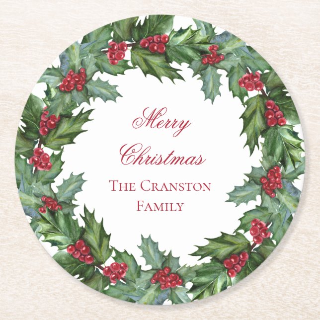 Elegant Holly und Berries Wreath Frohe Weihnachten Runder Pappuntersetzer (Vorderseite)