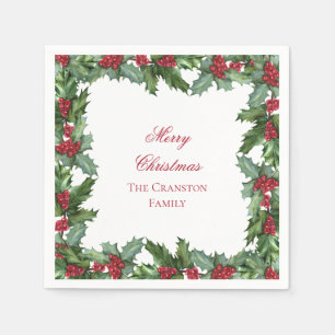 Elegant Holly und Berries Wreath Frohe Weihnachten Serviette