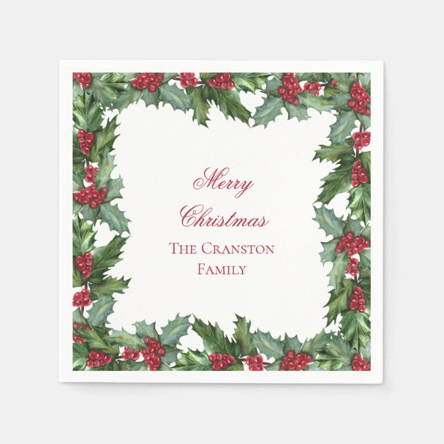 Elegant Holly und Berries Wreath Frohe Weihnachten Serviette (Vorderseite)