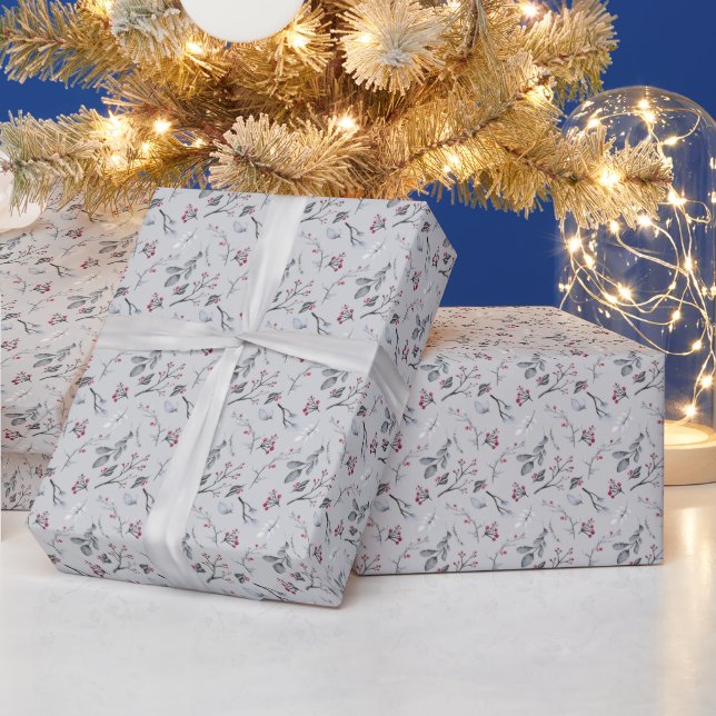 Elegant Holly Verlasse Berries über Silver Christm Geschenkpapier (Feiertage)