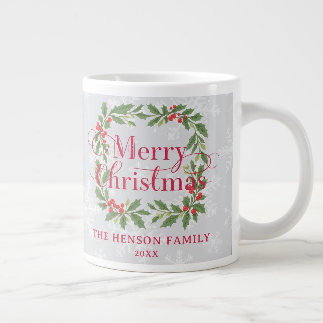 Elegant Holly Wreath Merry Christmas Family Jumbo-Tasse (Rechts)