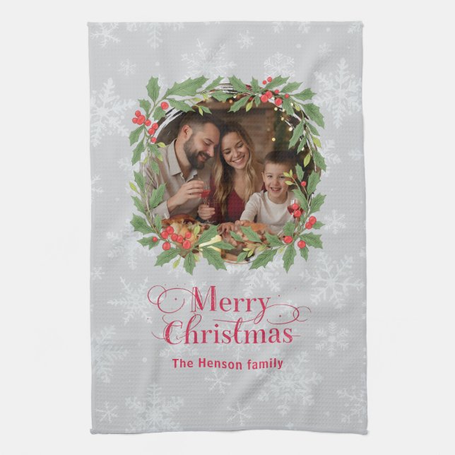 Elegant Holly Wreath Merry Christmas Photo Geschirrtuch (Vertikal)