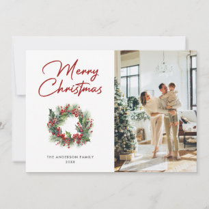 Elegant Holly Wreath Photo Joyeuse carte de Noël