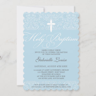 ELEGANT HOLY BAPTISM stylisches Damask Skript blau Einladung